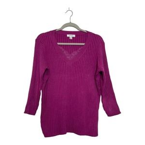 Dress Barn raspberry ribbed knit v-neck sweater 3/4 sleeves, Women's 2XL, EUC